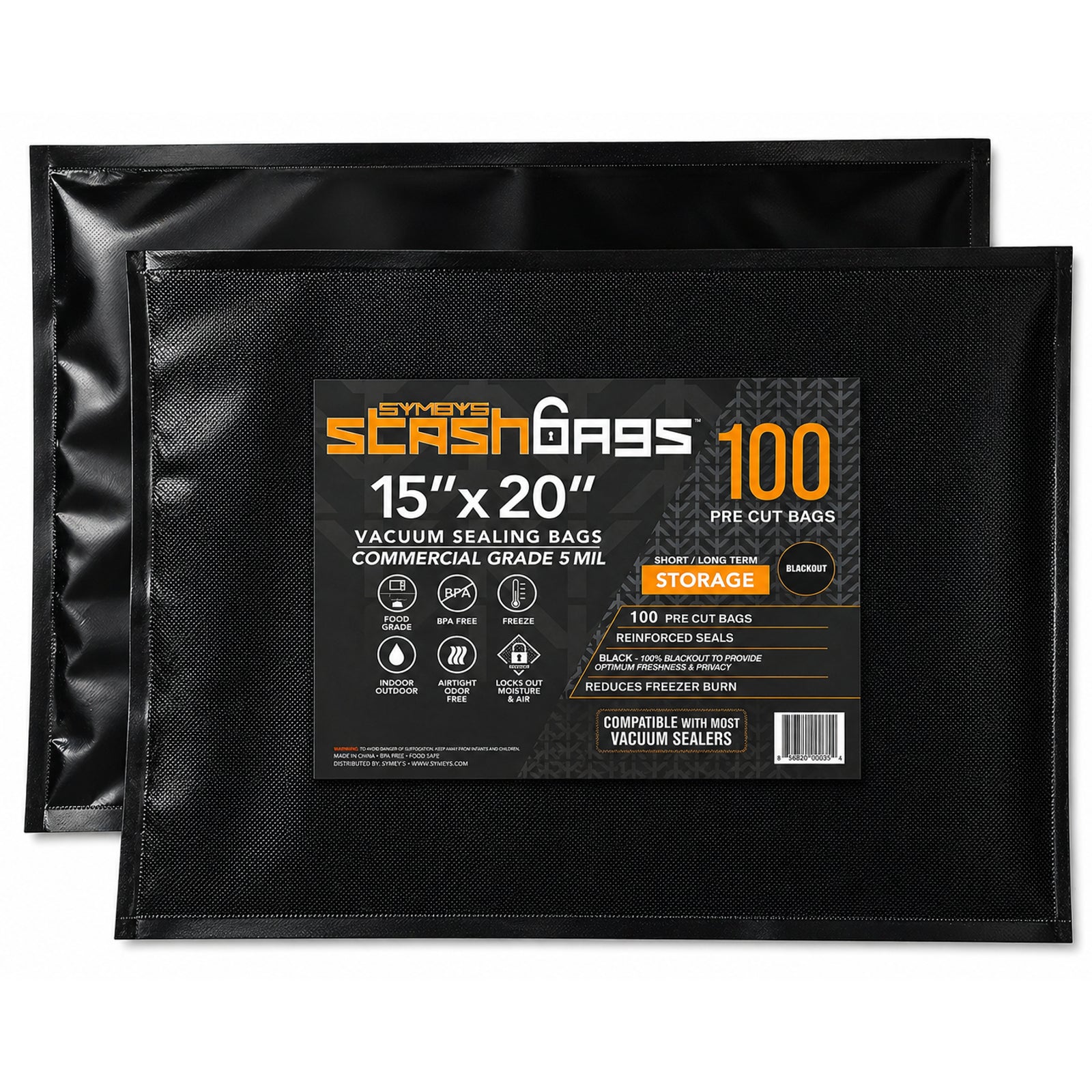 SYMBYS StashBags black pre-cut vacuum seal bag 5 mil 15 in x 20 in 100 pack