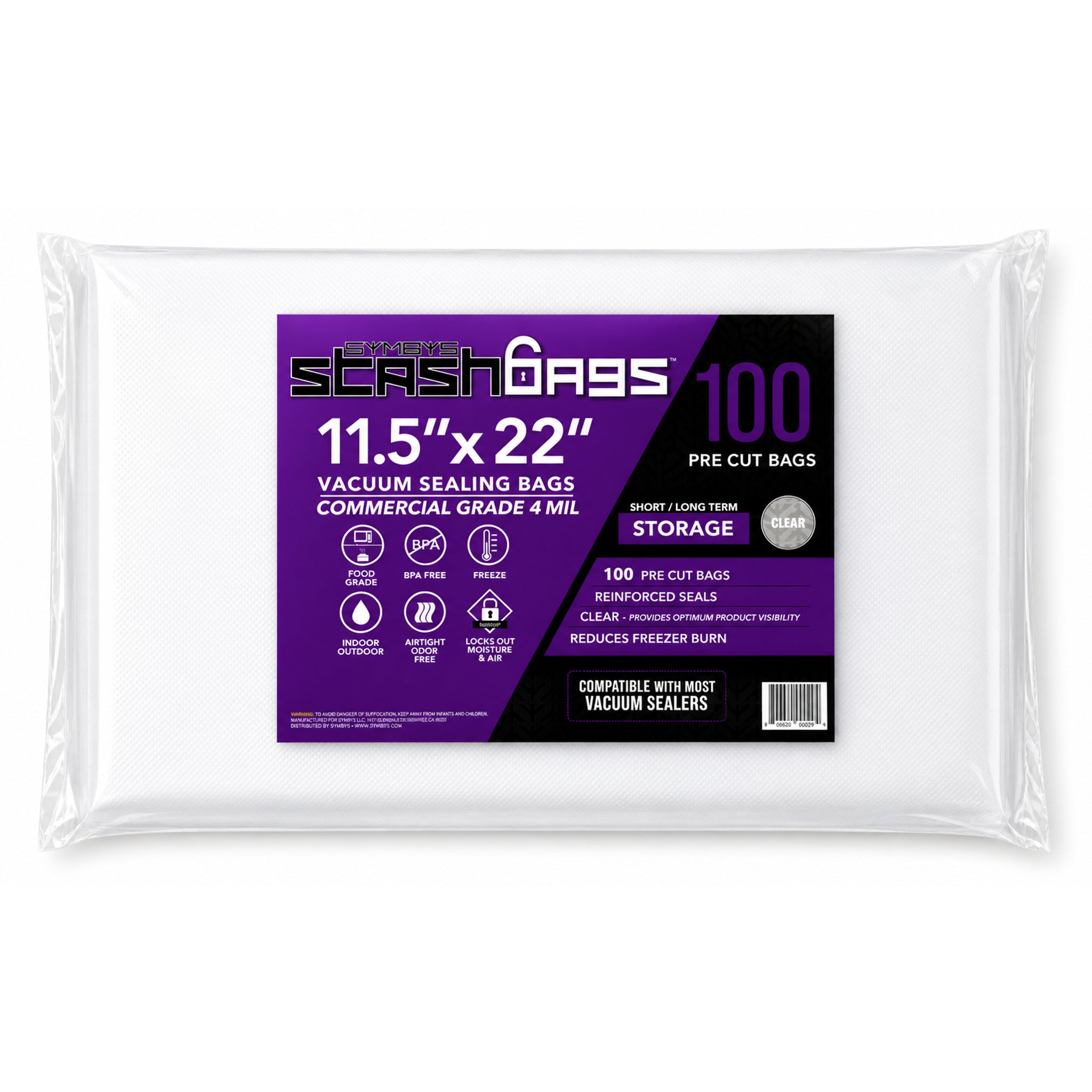 SYMBYS StashBags clear pre-cut vacuum seal bag 4 mil 11.5 in x 22 in 100 pack