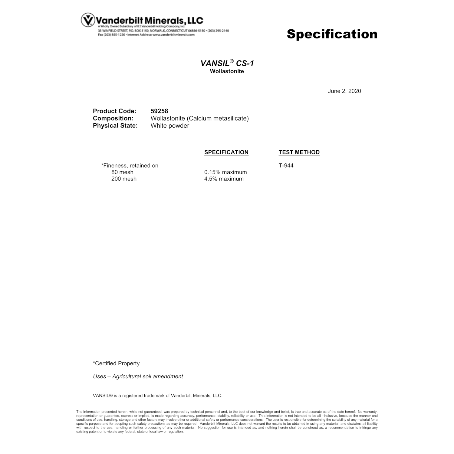 50# VanSil Wollastonite (Calcium Silicate)