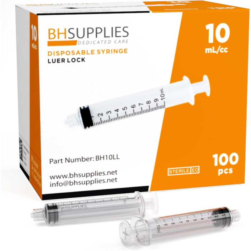 BH Supplies 10mL Luer Lock Tip Syringes (No Needle / Sterile / Individually Wrapped)