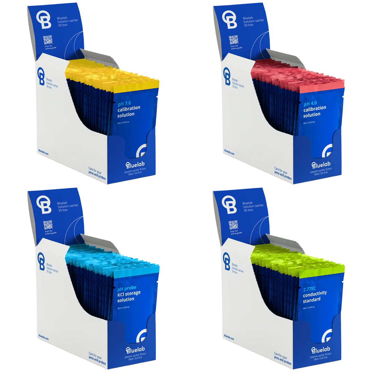 Bluelab Solution 30pc Sachet Mixed Case pH 4, pH 7, KCl and EC 2.77