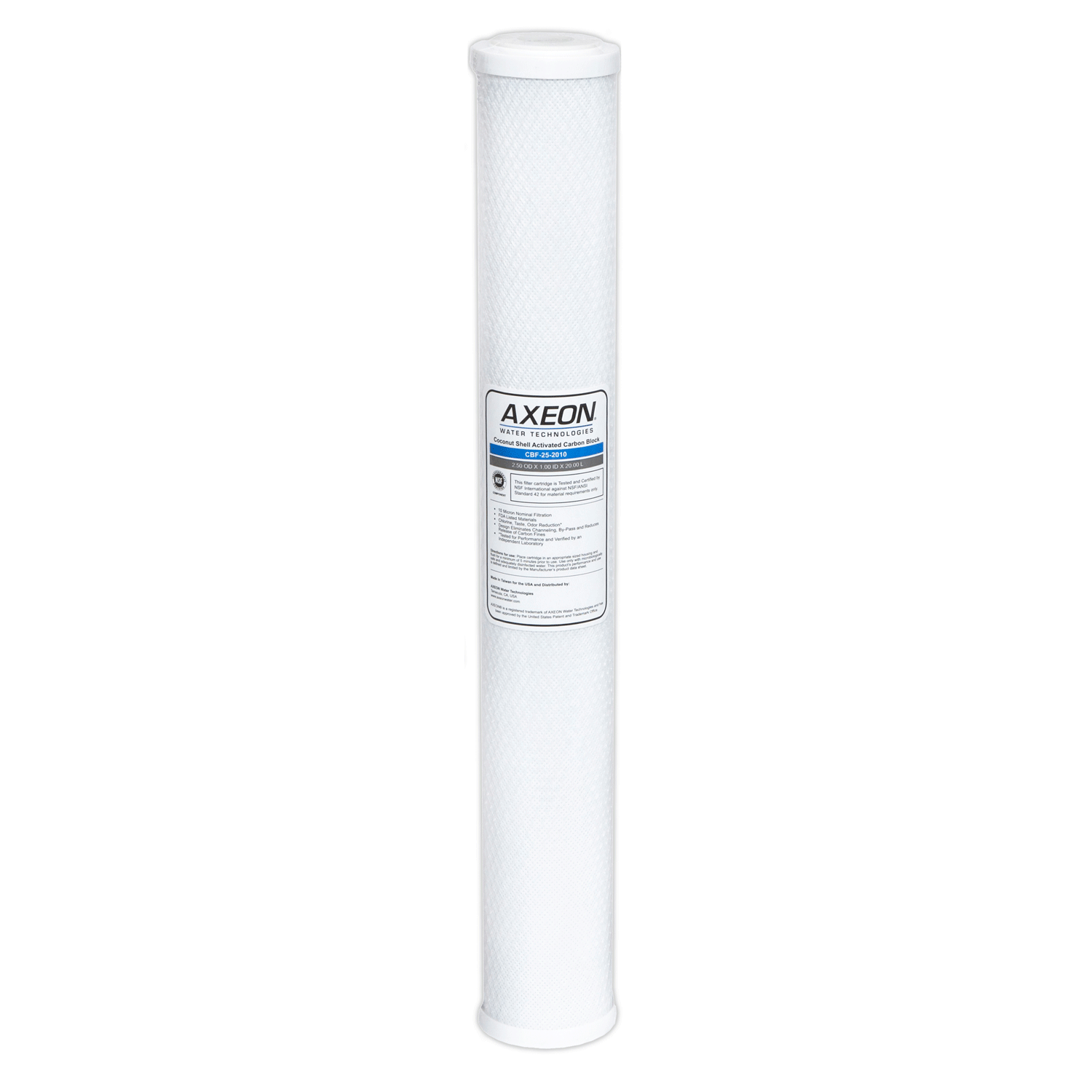 AXEON CBF-25-2010 Carbon Block Cartridge 2.5" x 20" 10 Micron with long white cylindrical body and label for high-capacity chlorine and contaminant removal