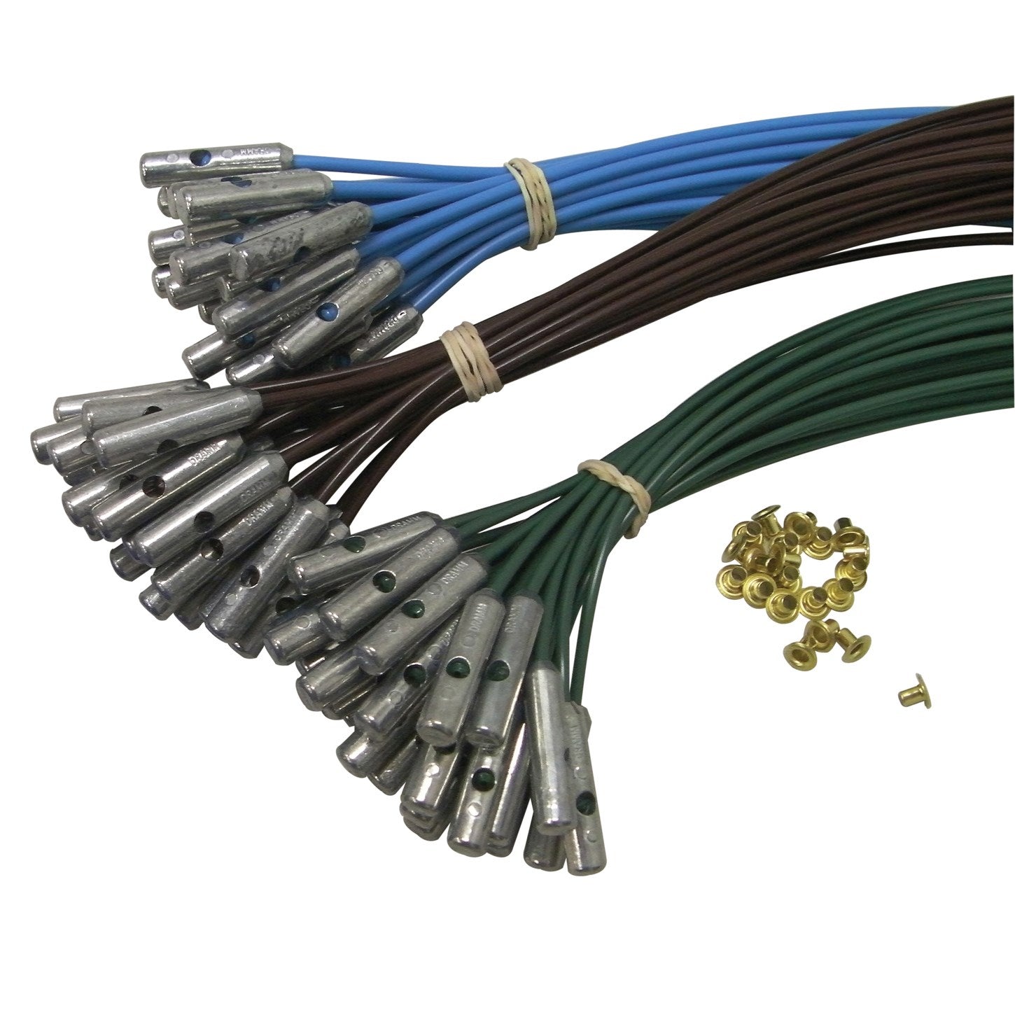 Dramm dribble tubes in all three flow rates - blue high flow, brown medium flow and green low flow - with weighted emitters and brass eyelets