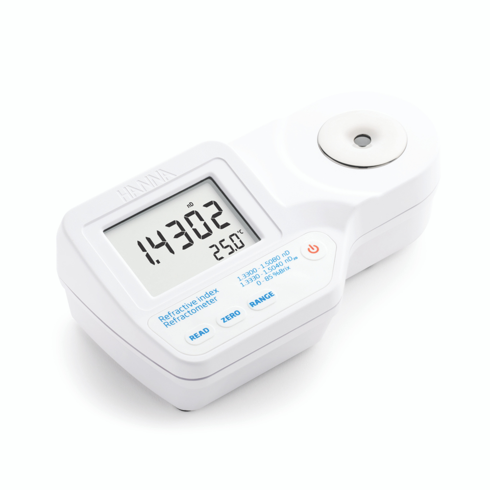 Hanna Refracting Index refractometer - uncompensated readings (nD), temperature compensated to sucrose (nD20) and % Brix