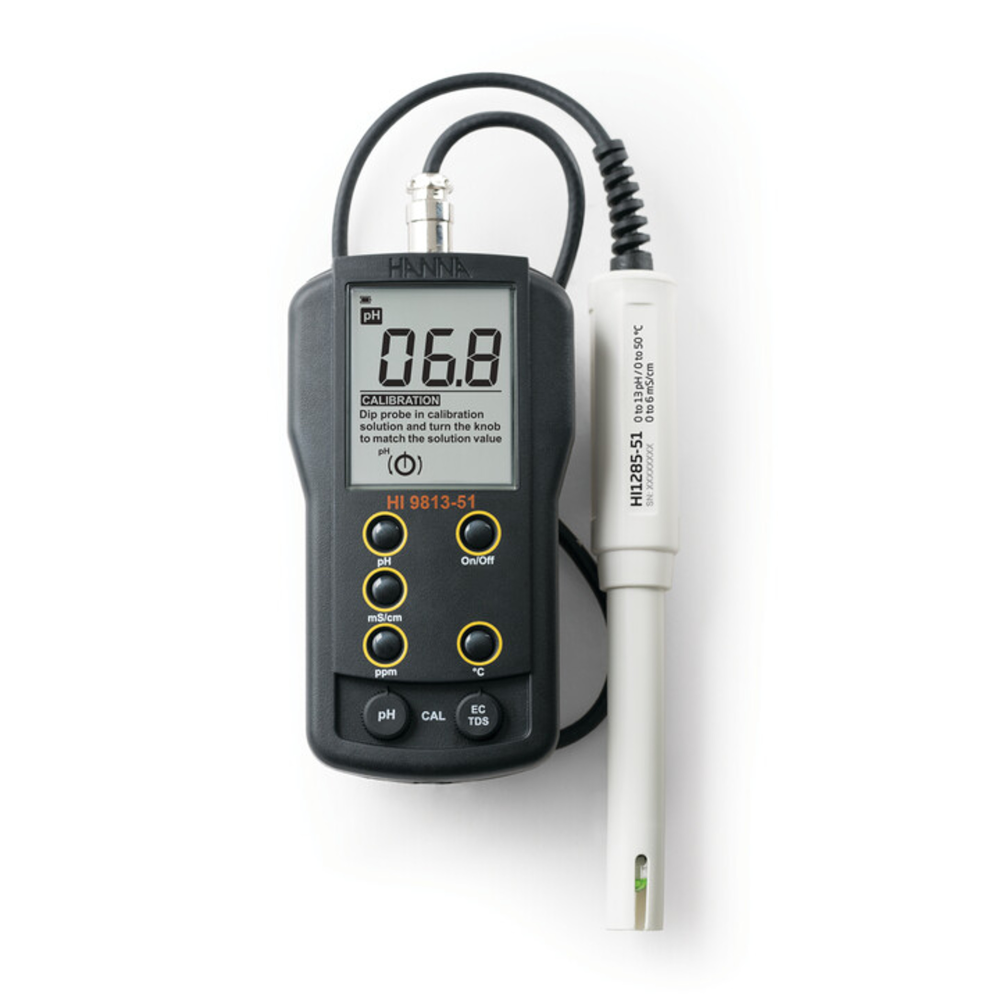 Hanna pH/EC/TDS meter with HI1285-51 electrode, range: pH 0.0 to 14.0 pH EC 0.00 to 4.00 mS/cm TDS 0 to 1999 ppm (mg/L)