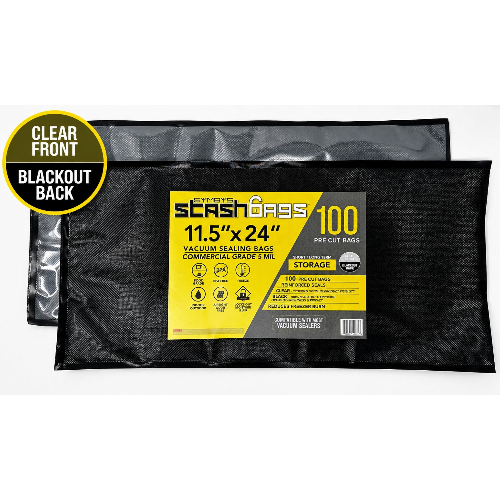 SYMBYS StashBags black clear pre-cut vacuum seal bag 5 mil 11.5 in x 24 in 100 pack