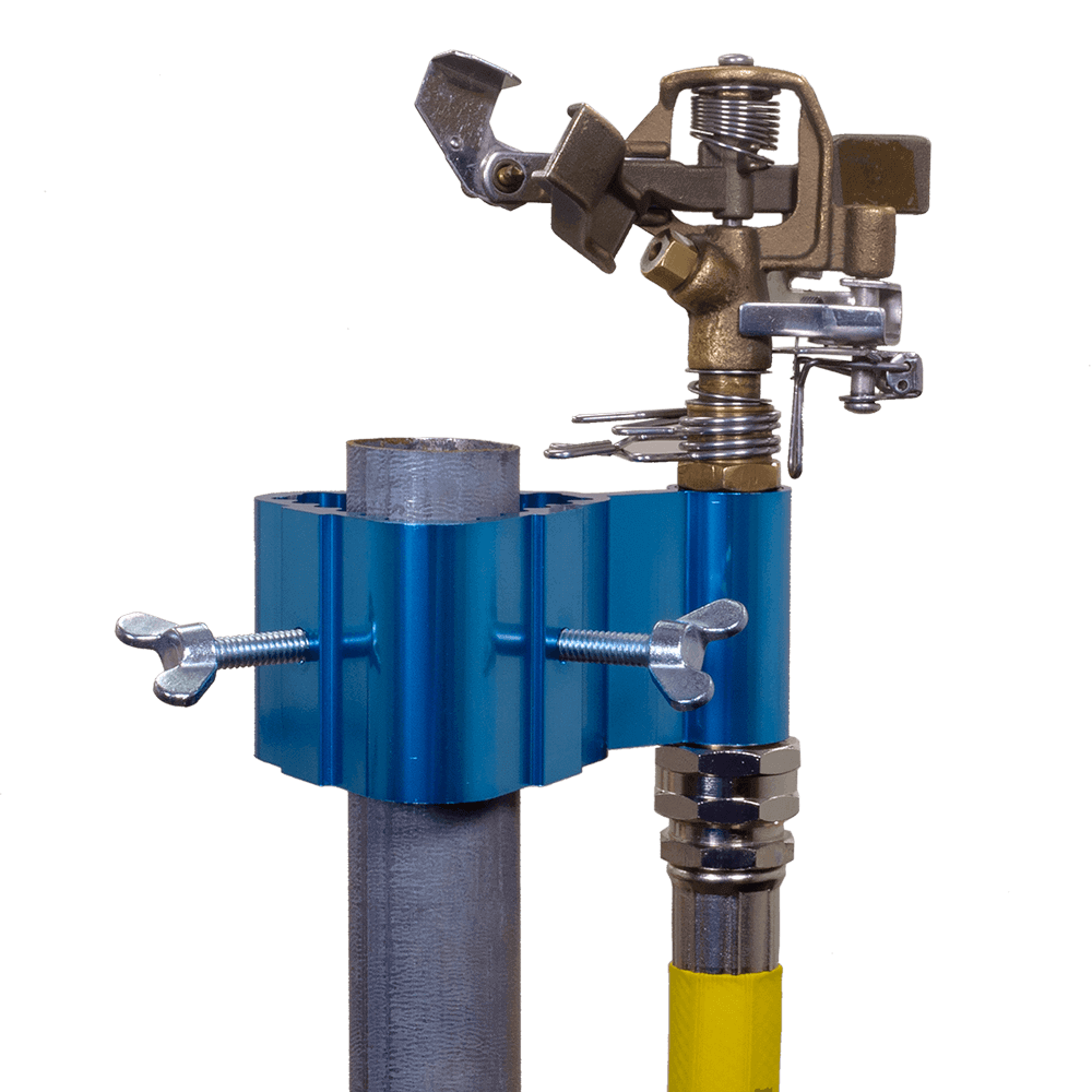 Dramm Post-Mount Sprinkler with Impulse Head clamped to a metal post - 10-15205
