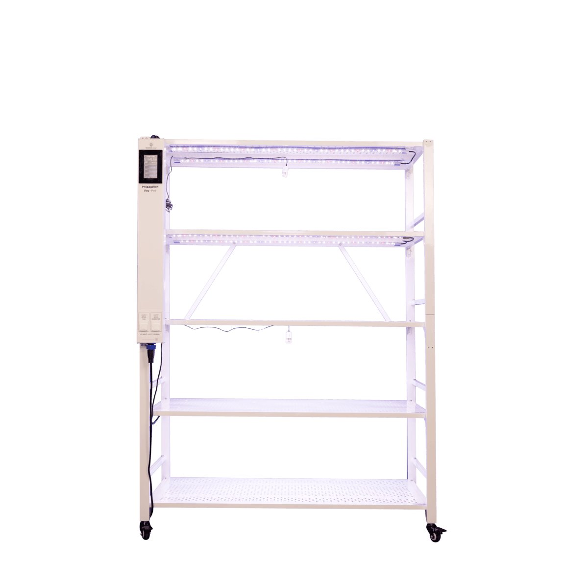 Growers Choice Pro Pod 440W LED clone rack - full rack, 5 levels, lights on, casters