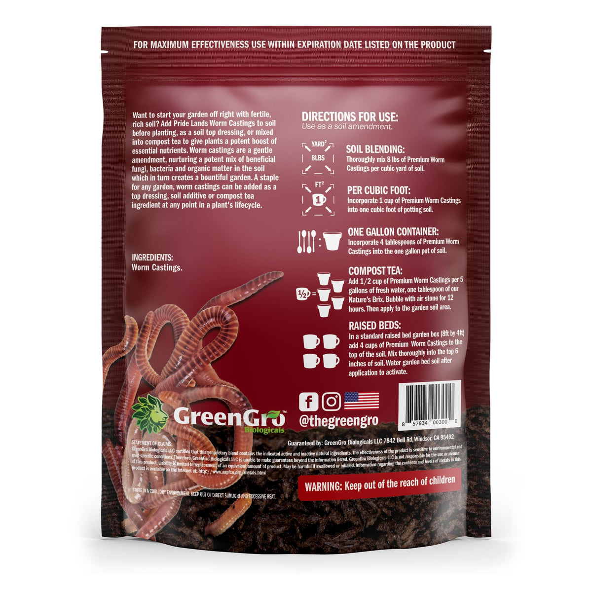 GreenGro Pride Lands Worm Castings 4 qt bag, back of package