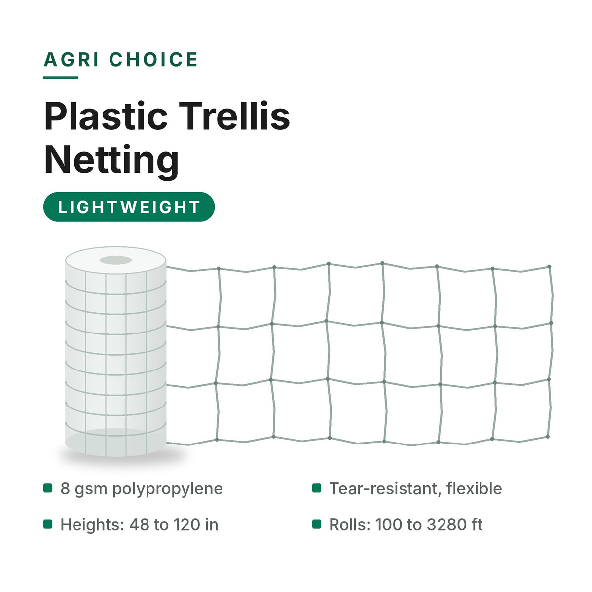 Agri Choice Plastic Trellis Netting Lightweight, 8 gsm polypropylene, 48 to 120 in heights, 100 to 3280 ft rolls