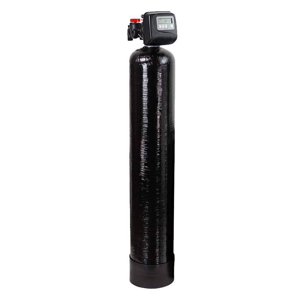 AXEON Meter GAC Carbon 1665 Backwashing System 110v with black cylindrical tank, digital control head, and red bypass valve for efficient water filtration