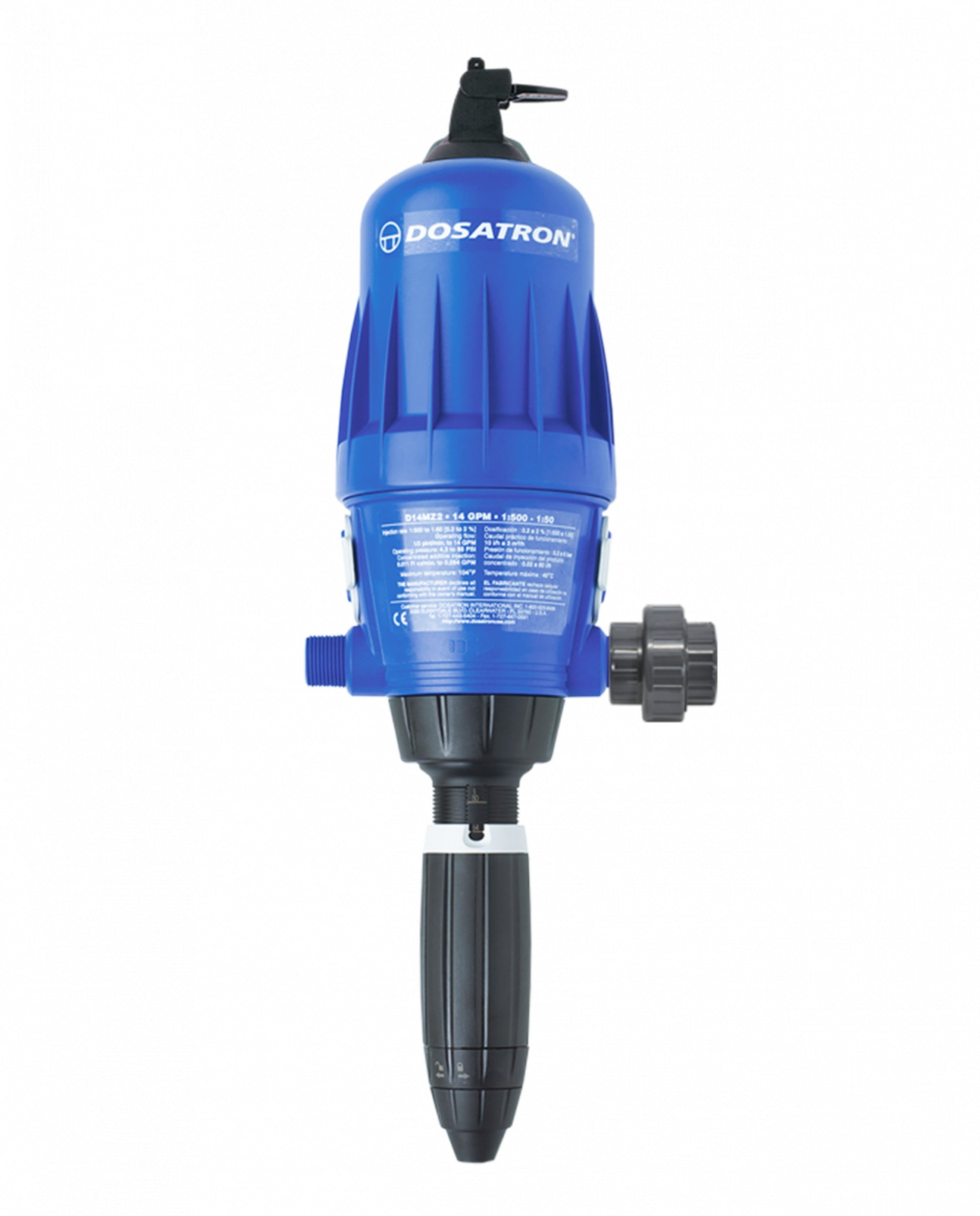 Dosatron D14 LoFlo water-powered injector, 14 GPM 3/4 in with integrated bypass and union