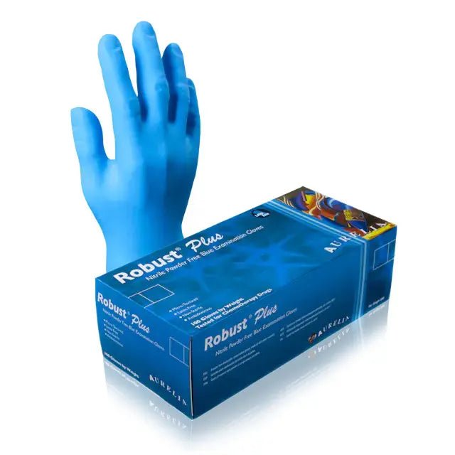 Gloves Robust™ Plus Nitrile 4.5 mil 12" Cuff Blue 100/box - Black Label Supply llc
