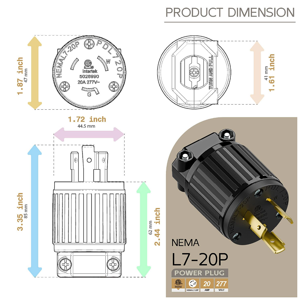 ACBROAD - NEMA L7-20P Locking Plug Industrial Grade 20A 277V