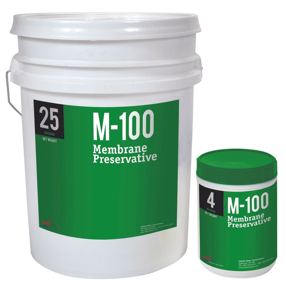 AXEON M-100 Membrane Storage Preservative in 4-pound white buckets with green labels for long-term protection of water treatment membranes