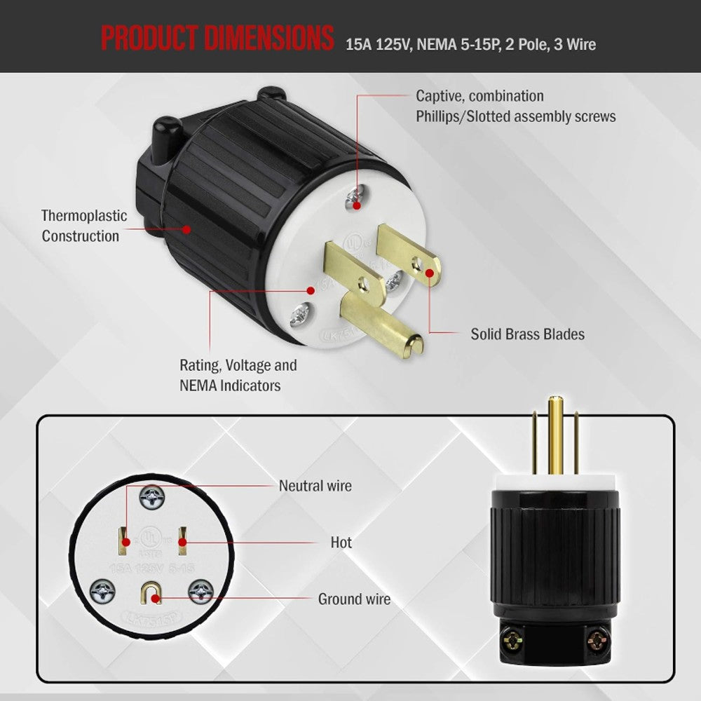 ENERLITES NEMA 5-15P Straight Blade Replacement Plug Connector – Cables / Drivers / Components