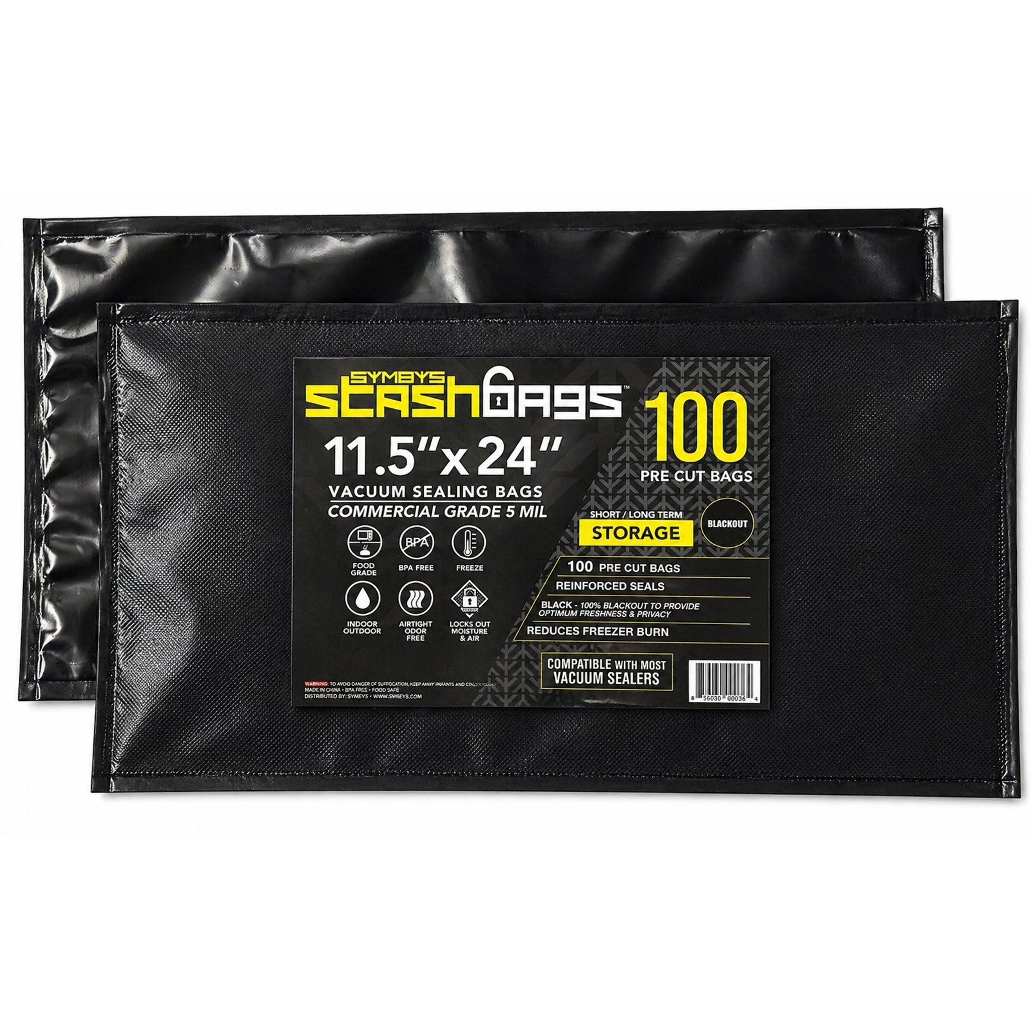 SYMBYS StashBags black pre-cut vacuum seal bag 5 mil 11.5 in x 24 in 100 pack