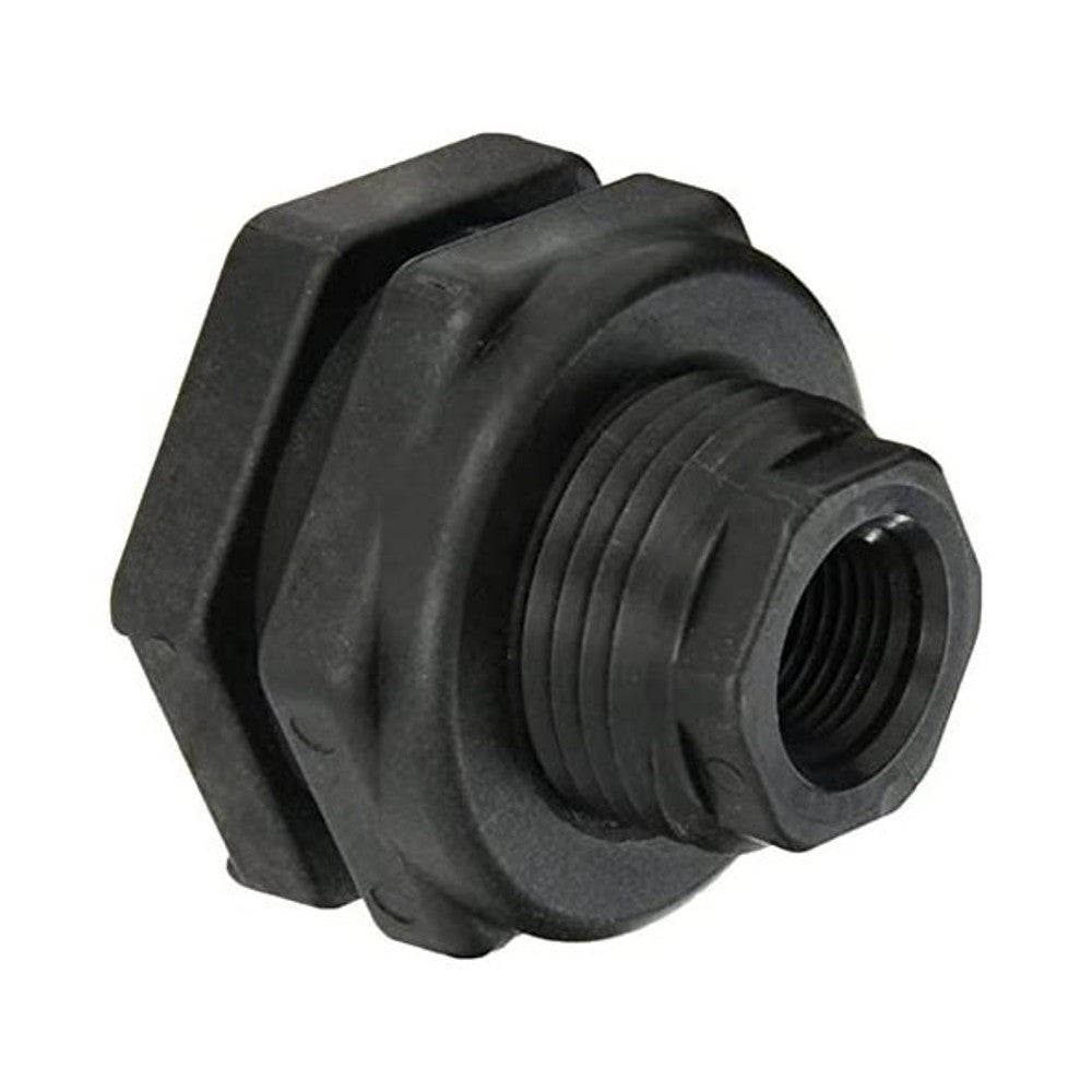 Bulkhead Fitting Kit 1/2" NPT - black plastic threaded fitting with hexagonal nut for creating watertight connections through walls or tanks in plumbing and fluid systems