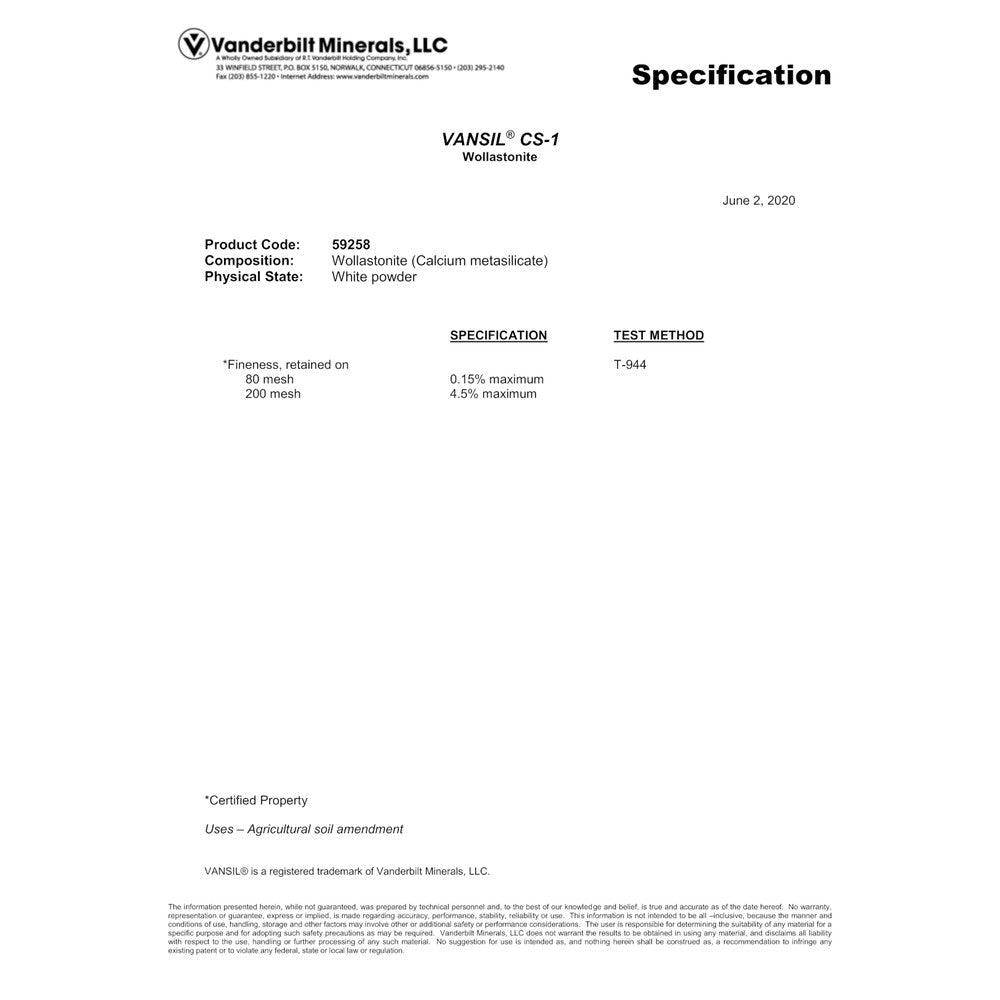 50# VanSil Wollastonite (Calcium Silicate) – Granular