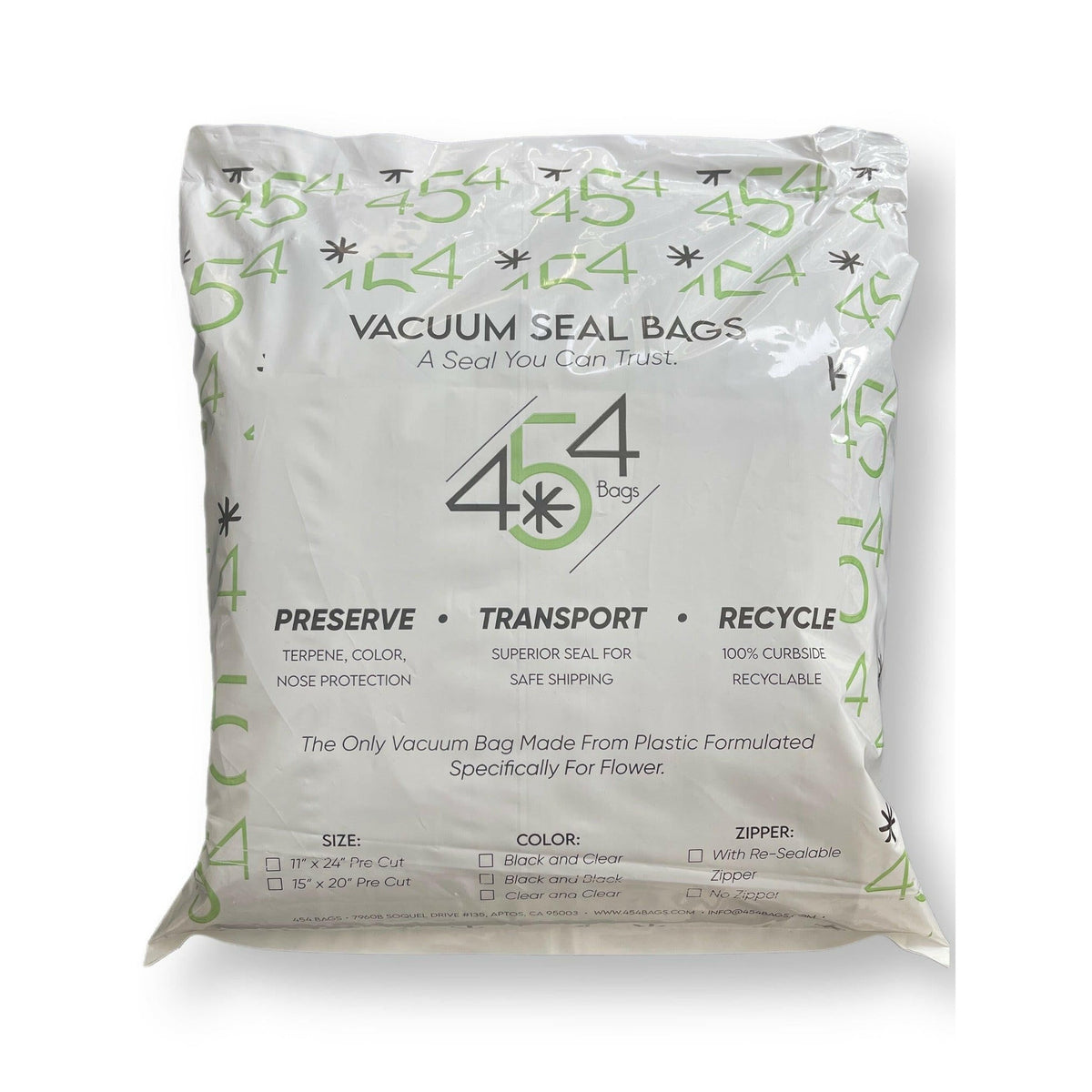 454 Bags 5 mil black/clear vacuum bags - package front with size, color and zipper options