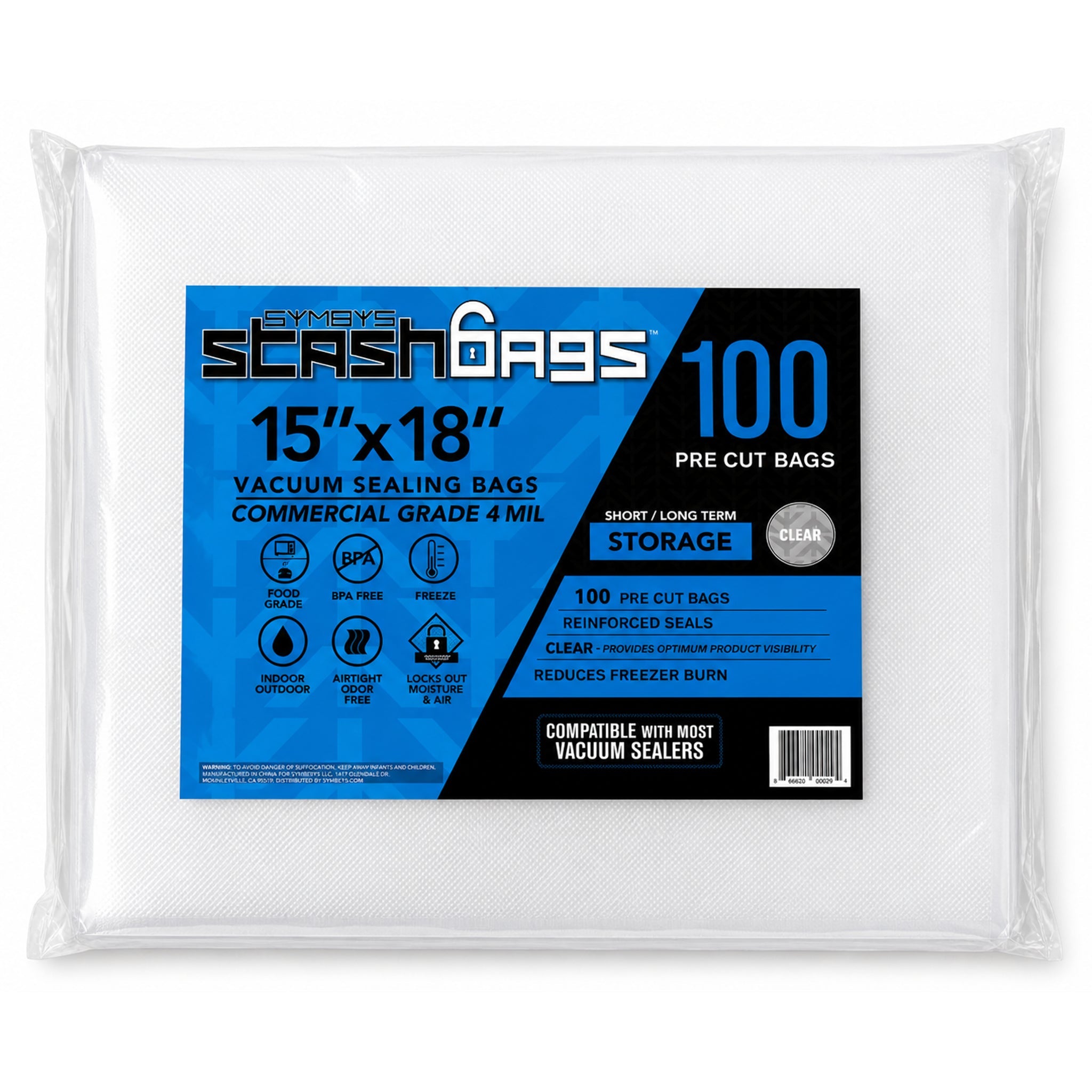 SYMBYS StashBags clear pre-cut vacuum seal bag 4 mil 15 in x 18 in 100 pack