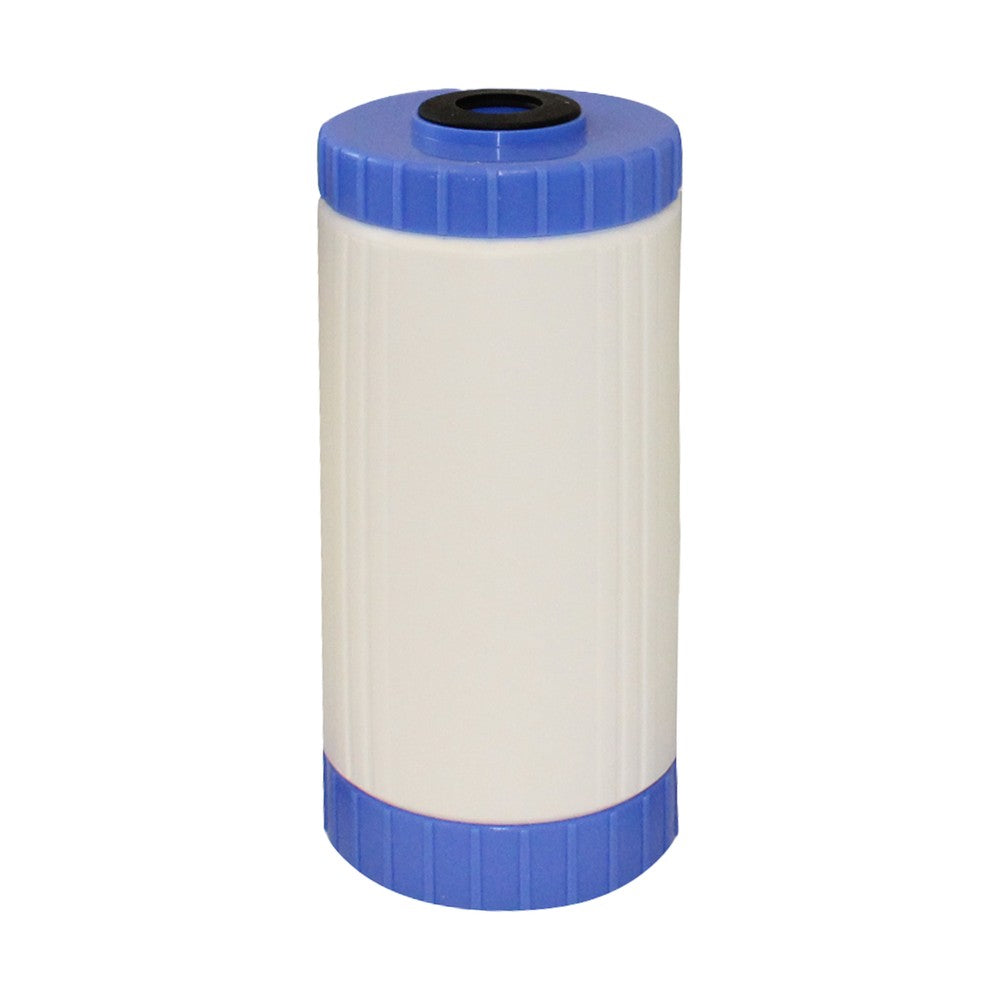AXEON KDF55/GAC Cartridge 4.5" x 10" with white cylindrical body and blue end caps for advanced water treatment