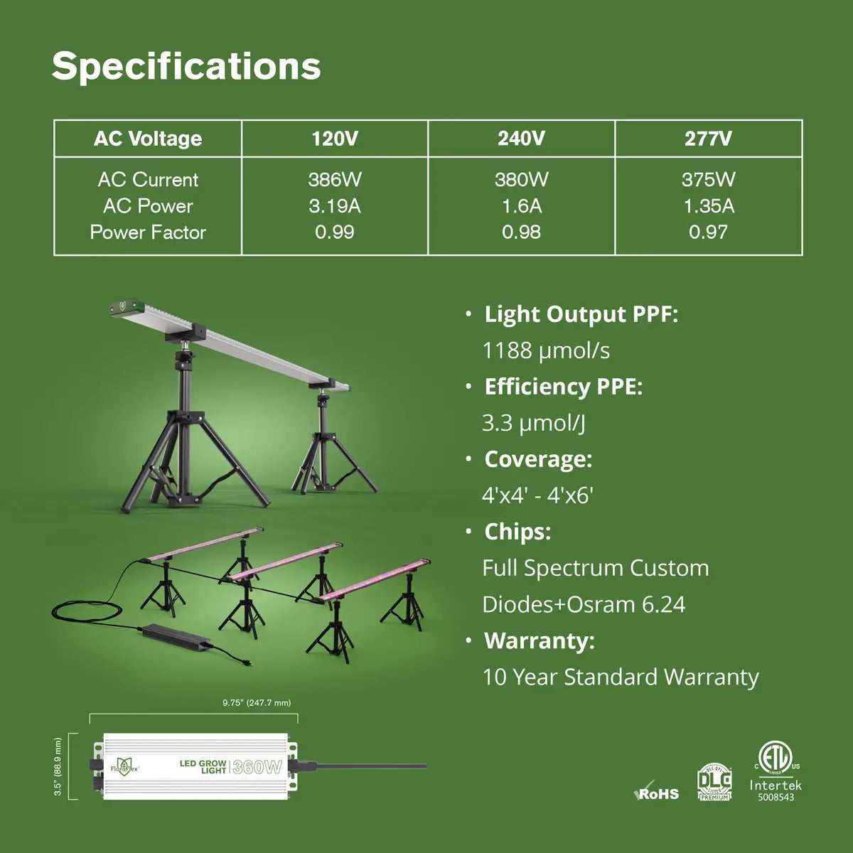 FloraFlex Under Canopy 3-Bar LED Grow Light 360W | 4x4' - 120V