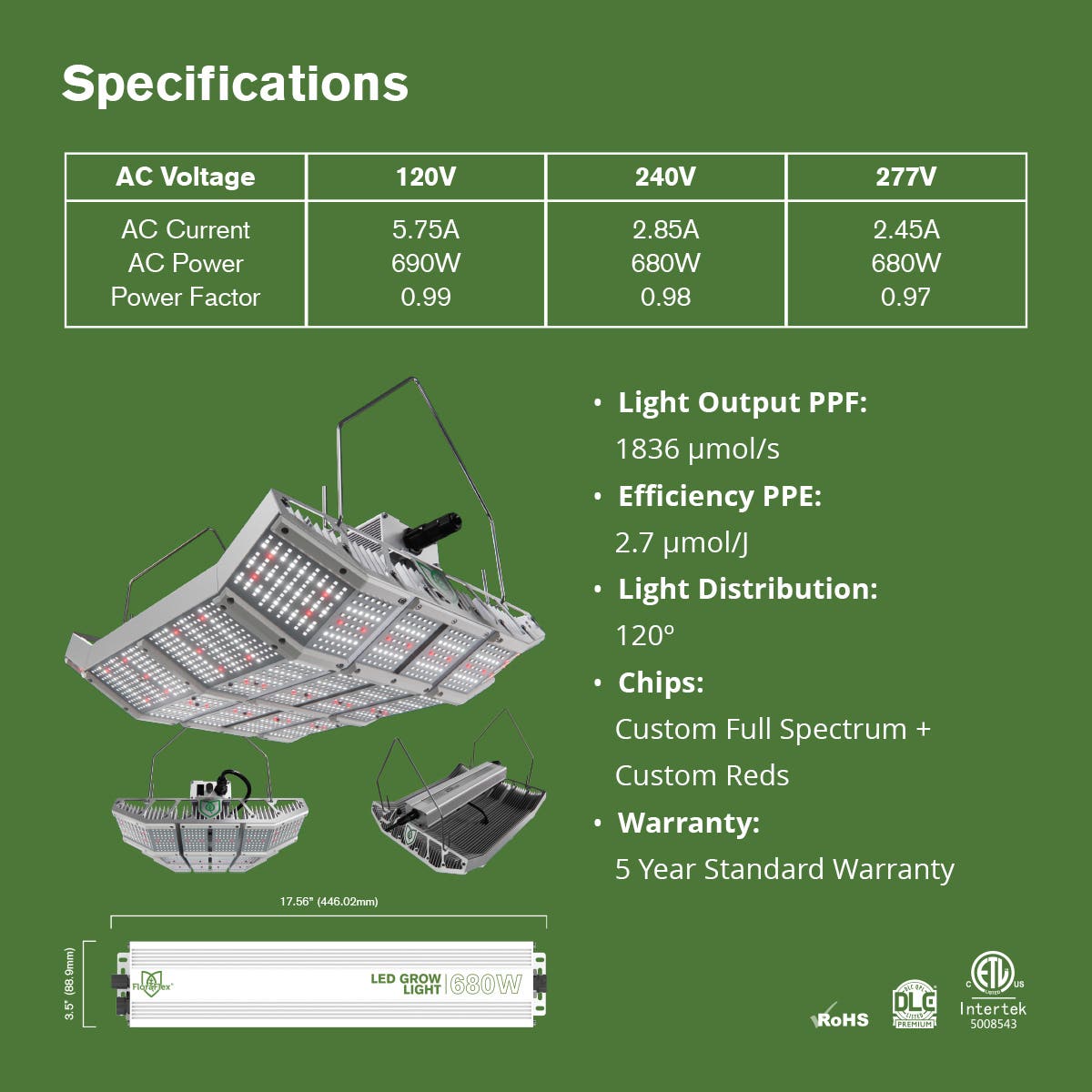 FloraFlex - High Bay 680W Full Spectrum LED Grow Light - 120V