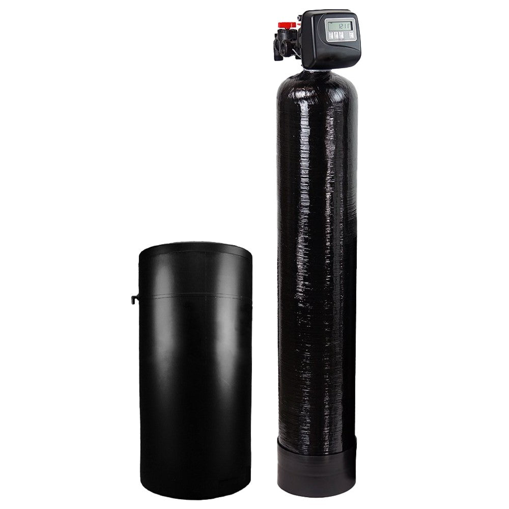 AXEON Meter Water Softener 1252 with 1-inch MNPT connection, 110V, featuring black cylindrical resin tank, digital control valve, and separate brine tank for efficient hard water treatment