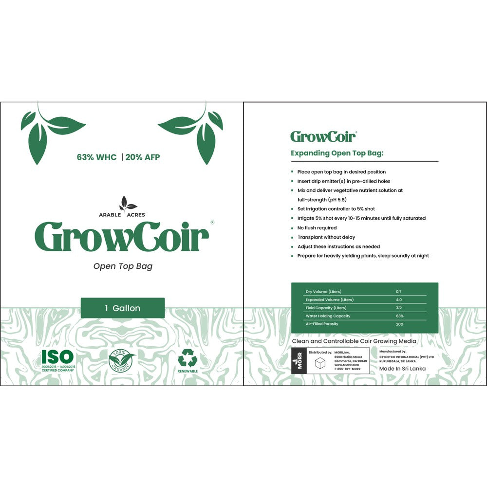 Arable Acres GrowCoir Prefilled Open Top Bags - Triple Washed Coconut Coir - 63% WHC / 20% AFP - Black Label Supply llc