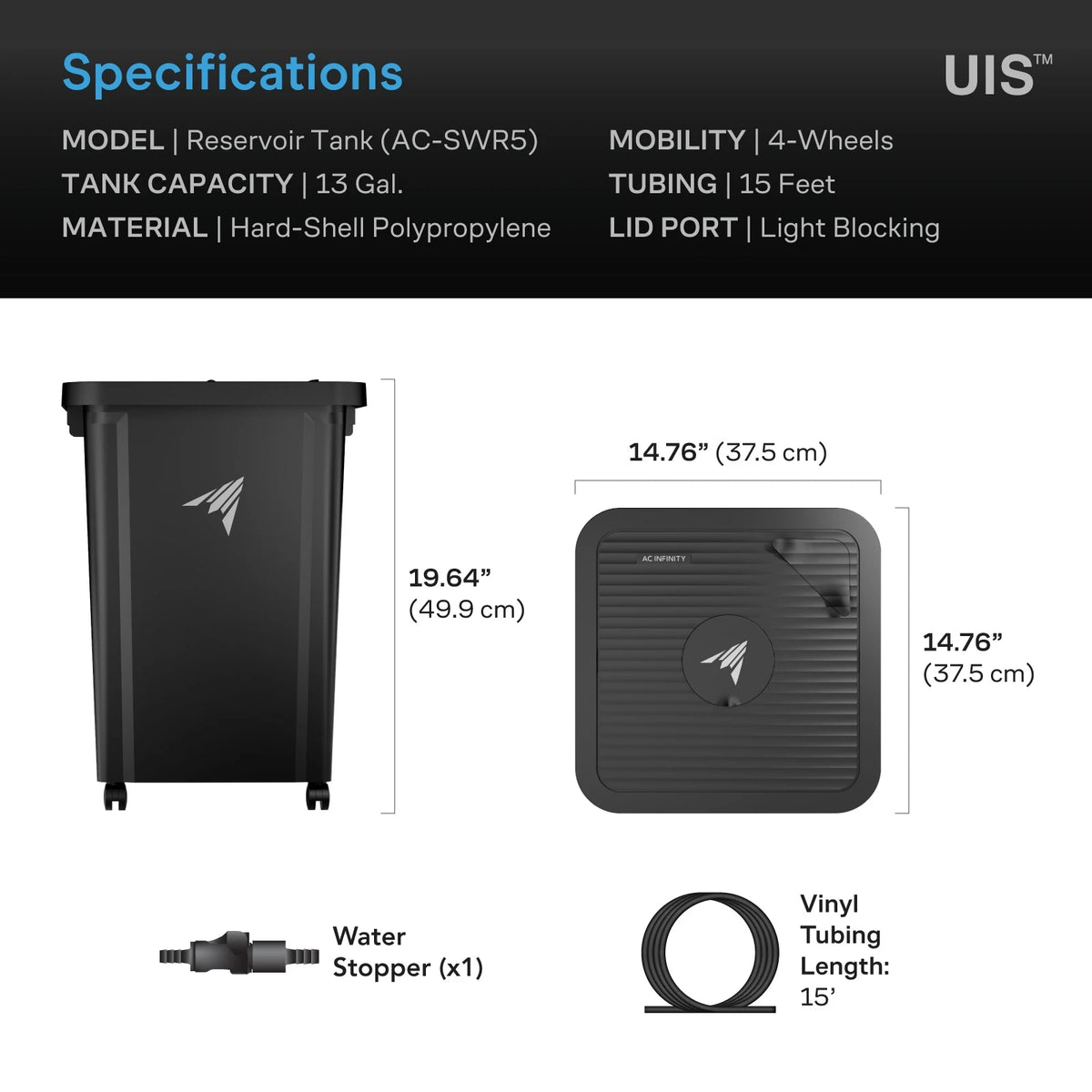 AC Infinity 13 Gallon Portable Water Reservoir AC-SWR5 dimensions