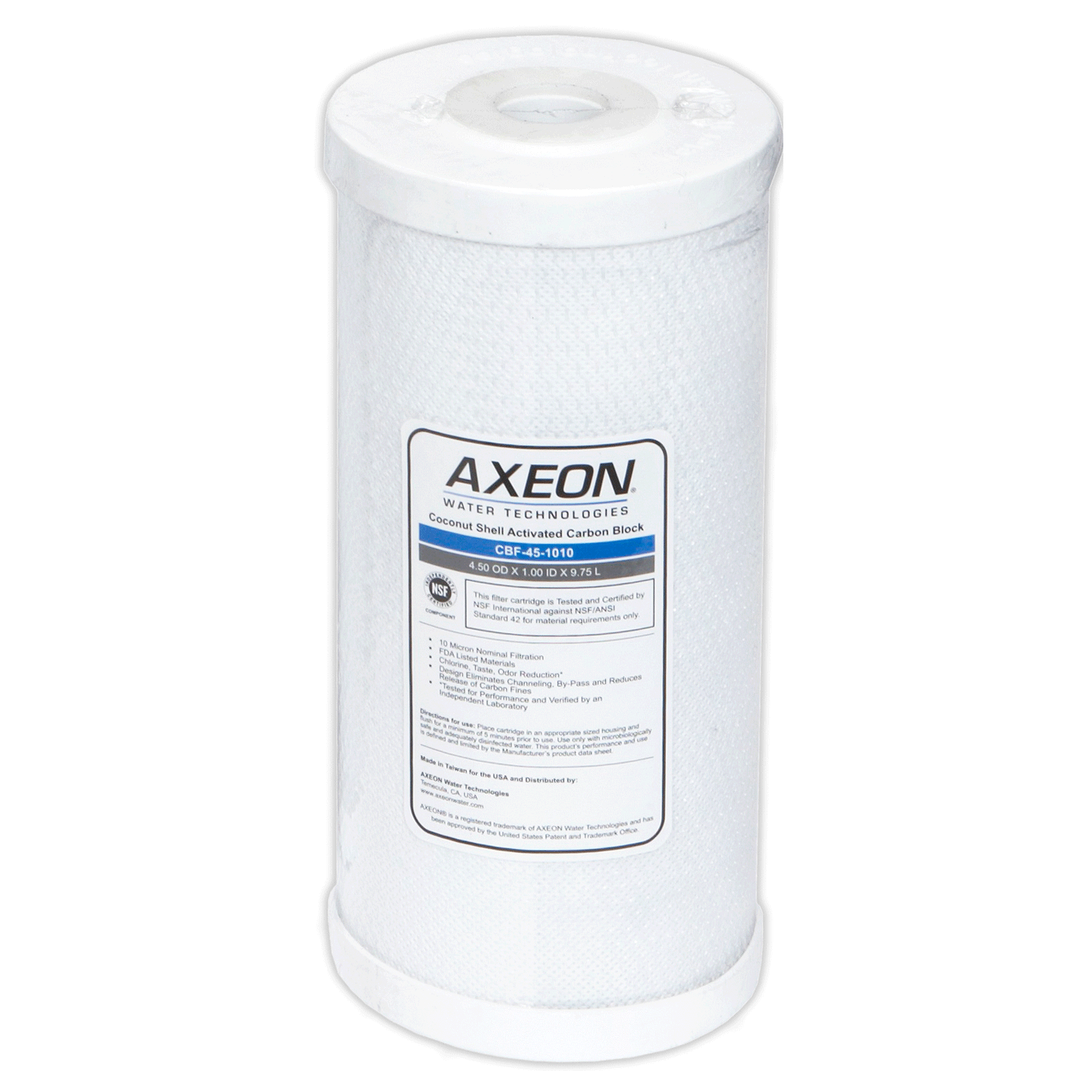 AXEON CBF-45-1010 Carbon Block Cartridge 4.5" x 10" 10 Micron with white cylindrical body and blue end caps for high-flow chlorine 