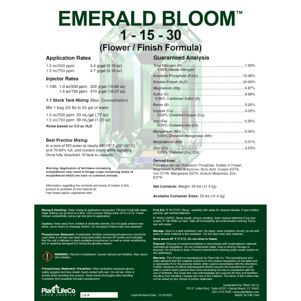 Plant Life Emerald Bloom 1-15-30 (Flower/Finish Formula)