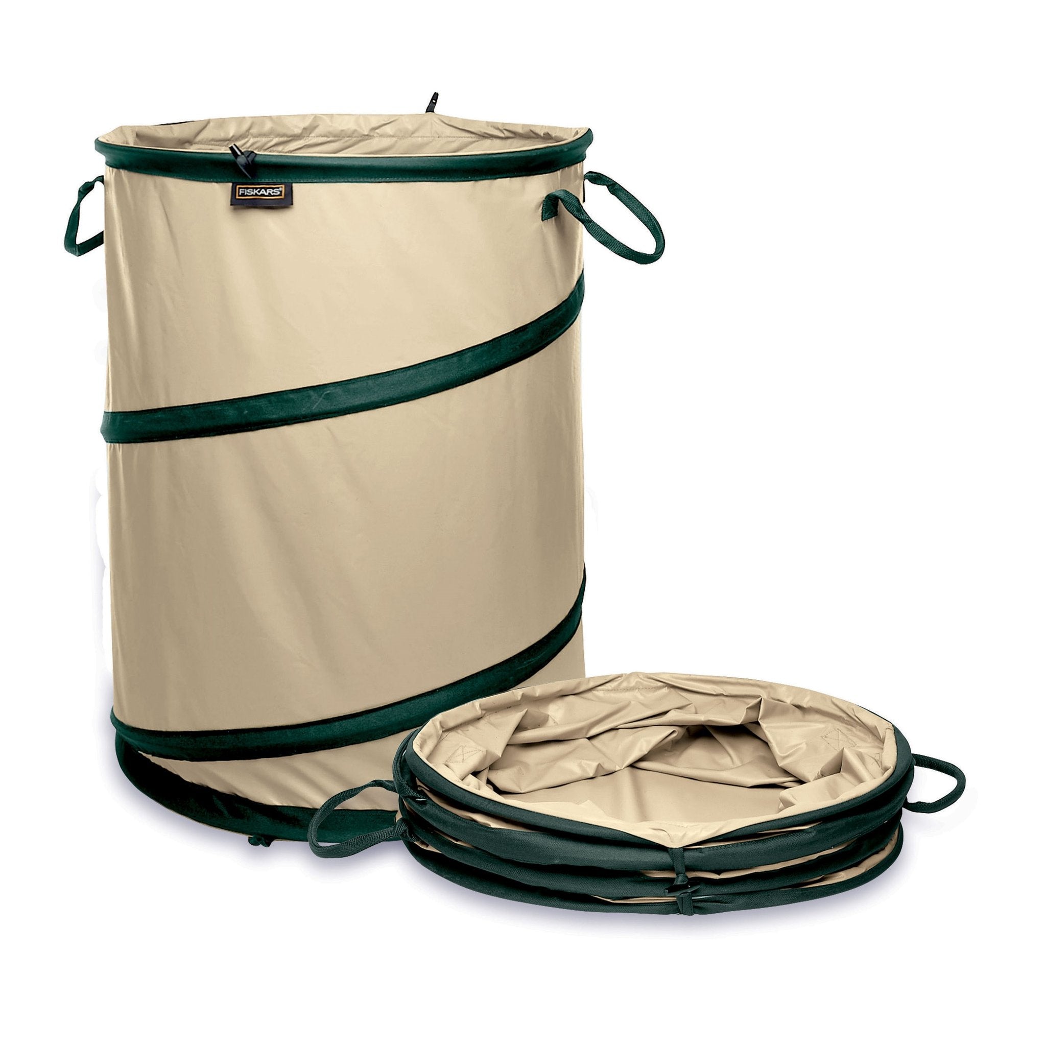 Fiskars Kangaroo Pouch 10 gal yard waste container, shown popped up and collapsed flat