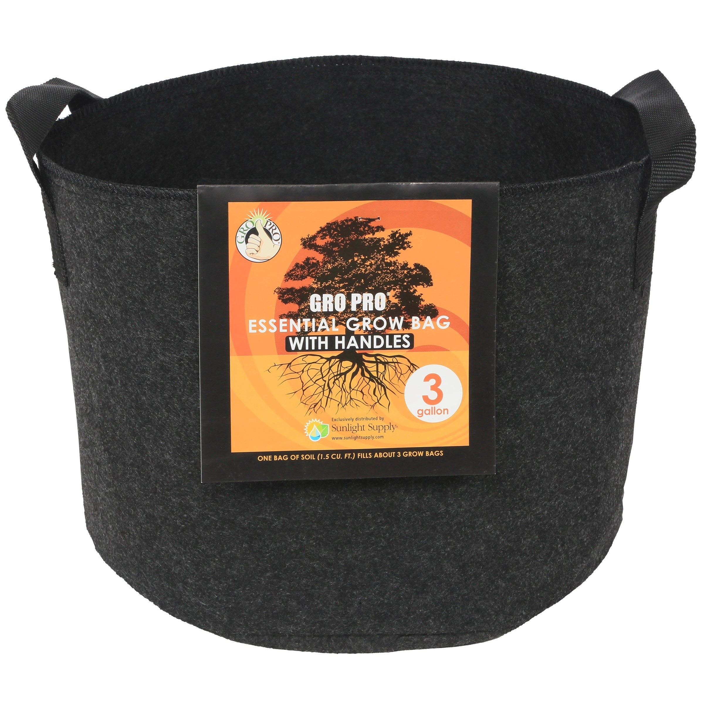 Gro Pro 3gal Essential Grow Bag Round Fabric Pot w/ Handles Black (72/CS)