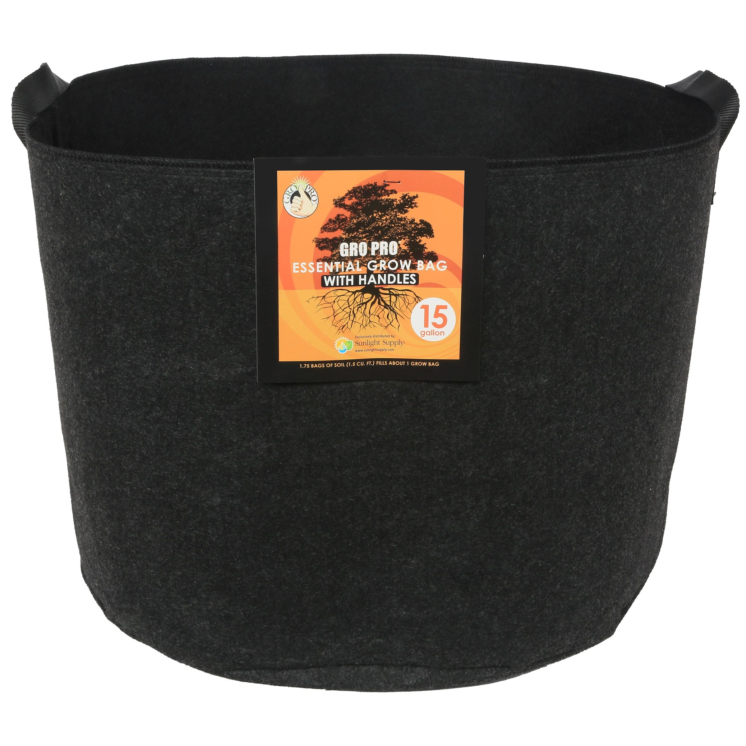 Gro Pro 15gal Essential Grow Bag Round Fabric Pot w/ Handles Black (48/CS)