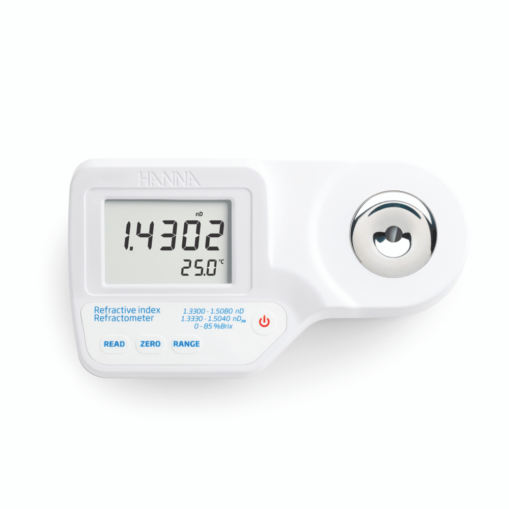Hanna Refracting Index refractometer - uncompensated readings (nD), temperature compensated to sucrose (nD20) and % Brix