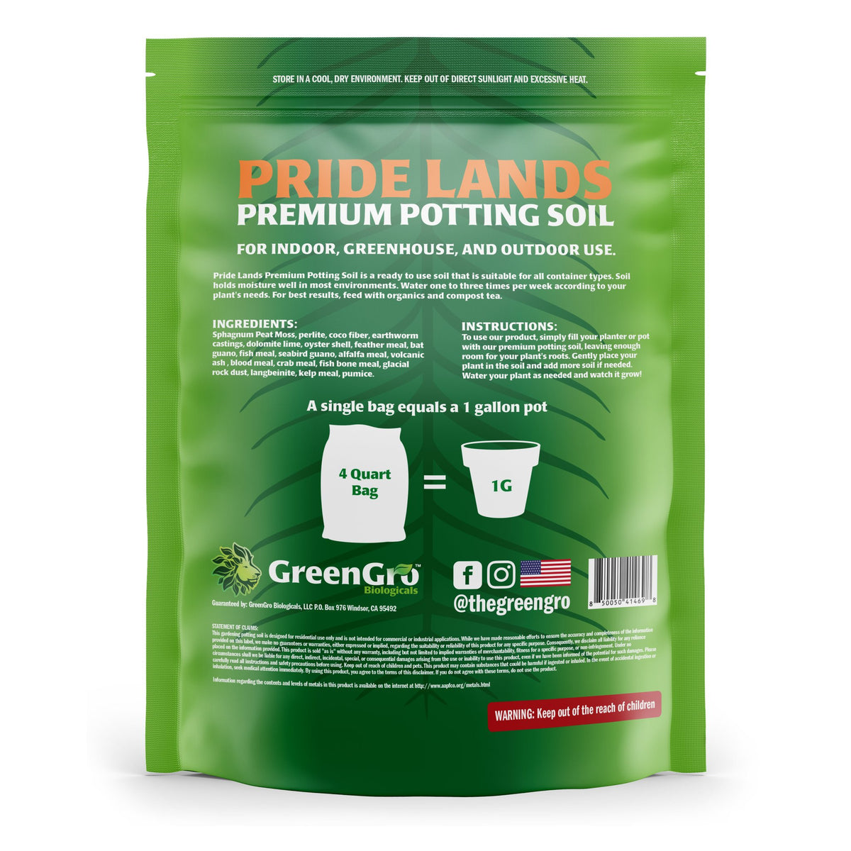 GreenGro Pride Lands Premium Potting Soil 4 qt bag, back of package