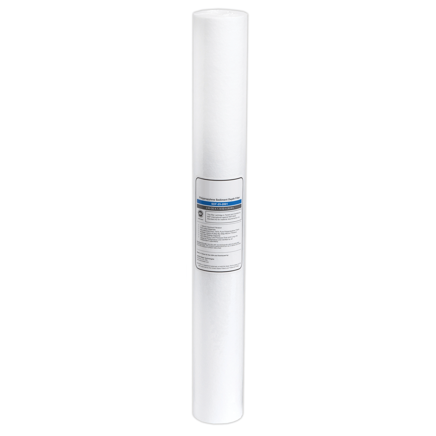 AXEON SDF-25-2005 Polypropylene Sediment Depth Filter Cartridge 2.5" x 20" 5 Micron with white cylindrical body and label for high-capacity particulate removal in water filtration systems