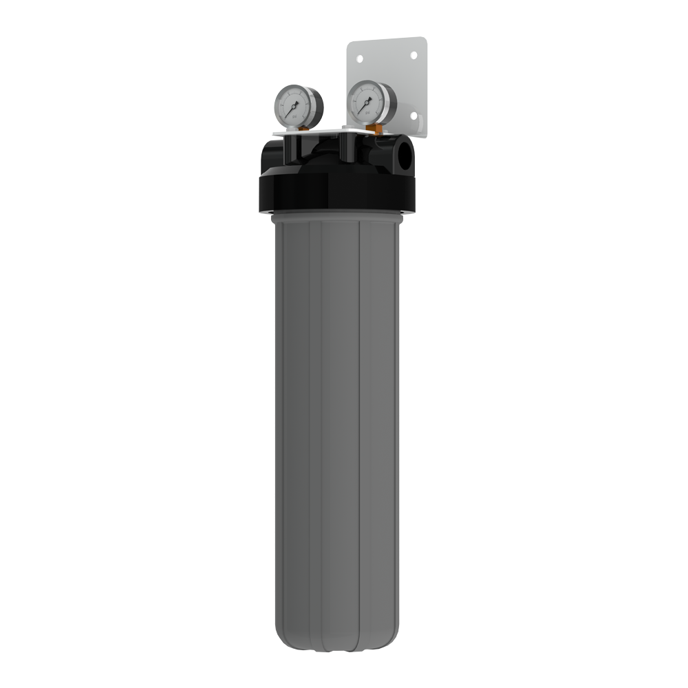 AXEON FSD-120 single-cartridge water filtration system with 1" FNPT inlet and outlet on a mounting bracket