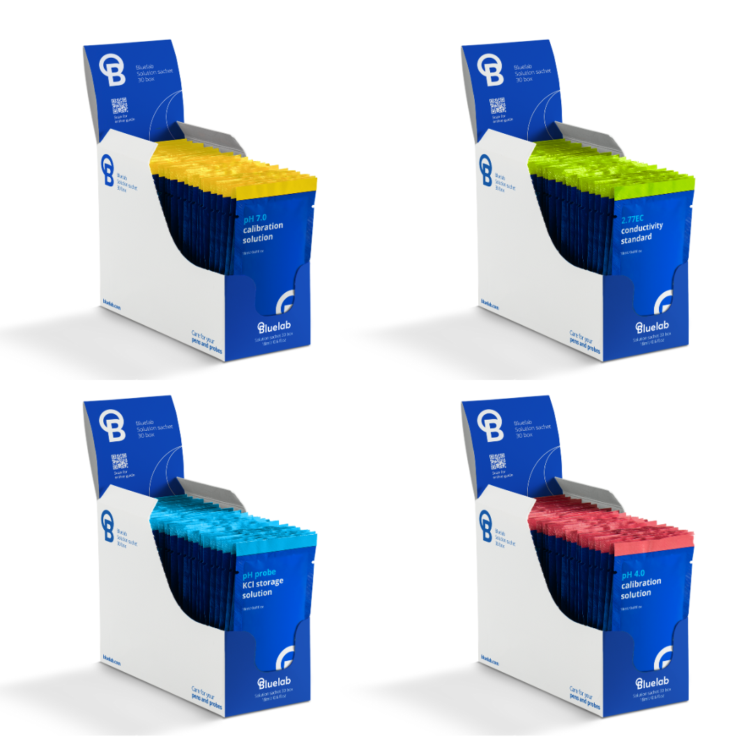 Bluelab Solution Sachet 30 Box - calibration & storage range (pH 4.0, pH 7.0, 2.77 EC, KCl)