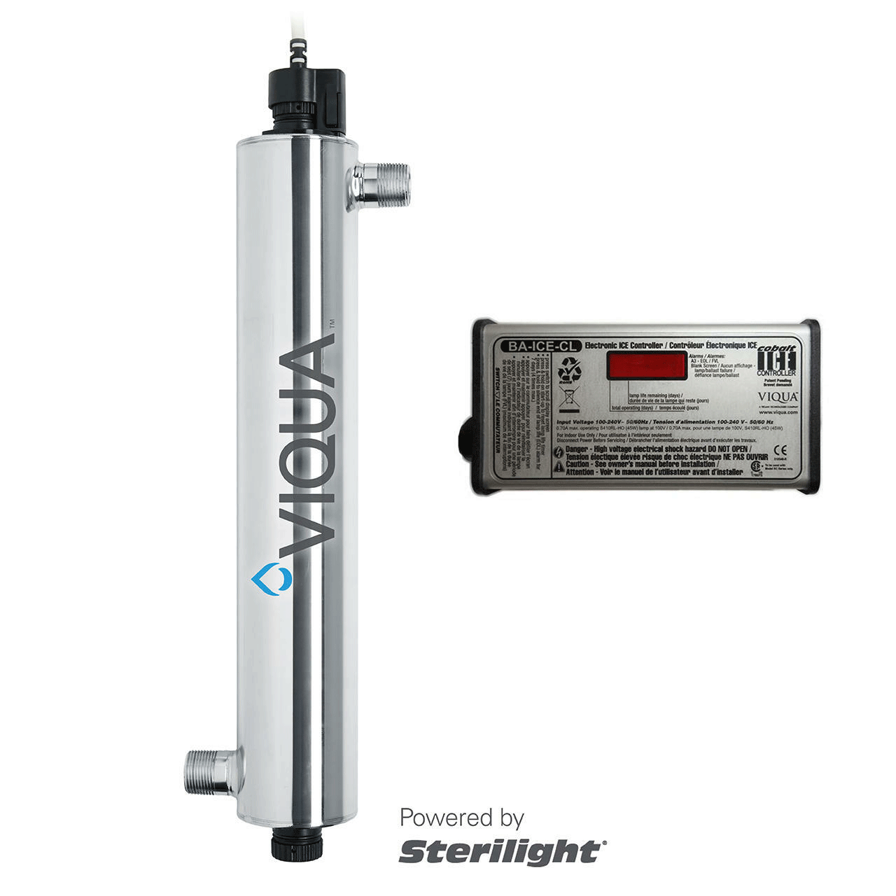 Viqua VH410 UV System 12 GPM 110V 60Hz with stainless steel chamber, digital controller, and 3/4" FNPT 1" MNPT combo connections for high-capacity water disinfection