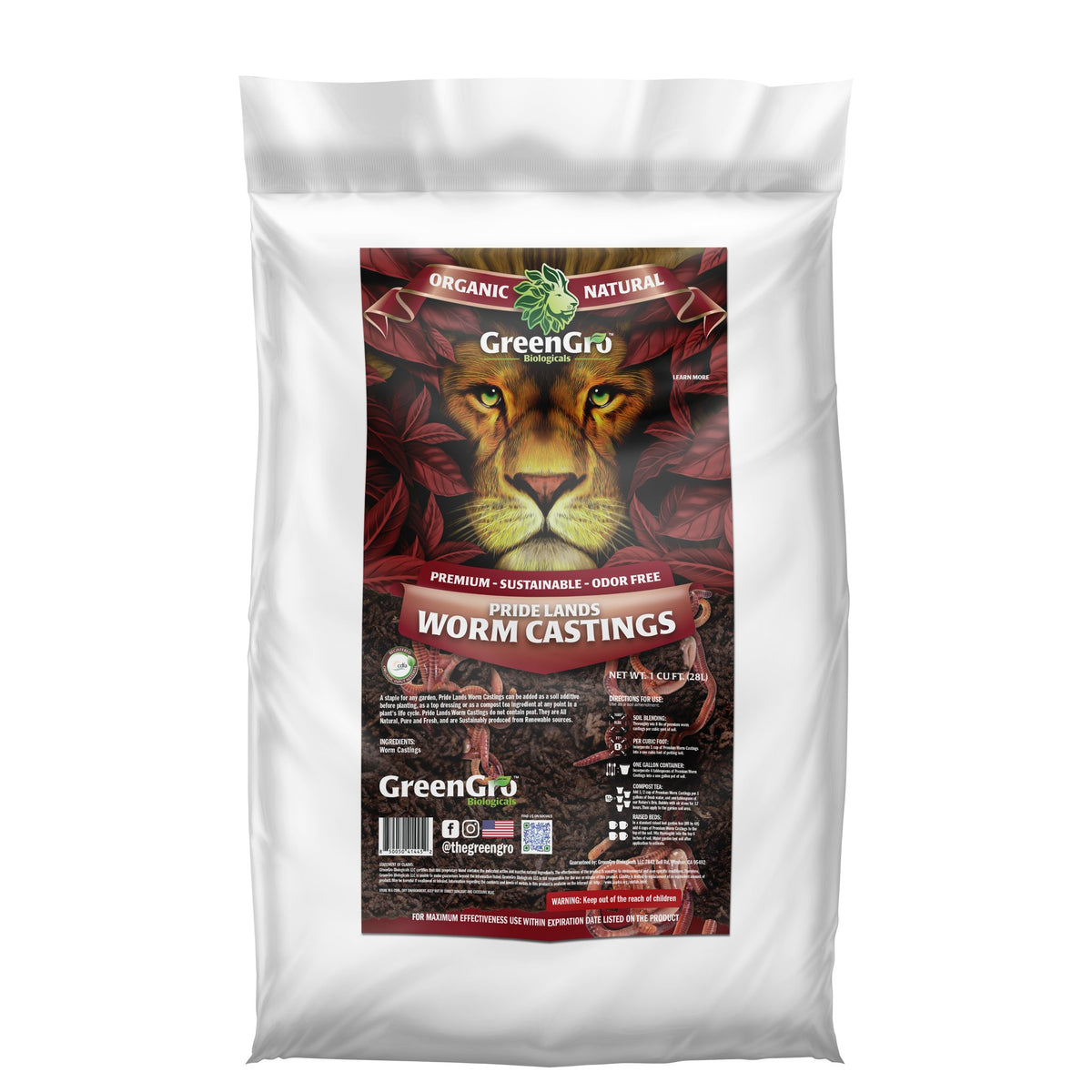 GreenGro Pride Lands Worm Castings 1 cu ft bag, front of package