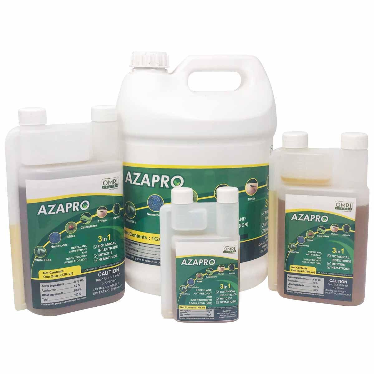 AzaPro Azadirachtin 1.2% EC Insecticide/Nematicide - container size family