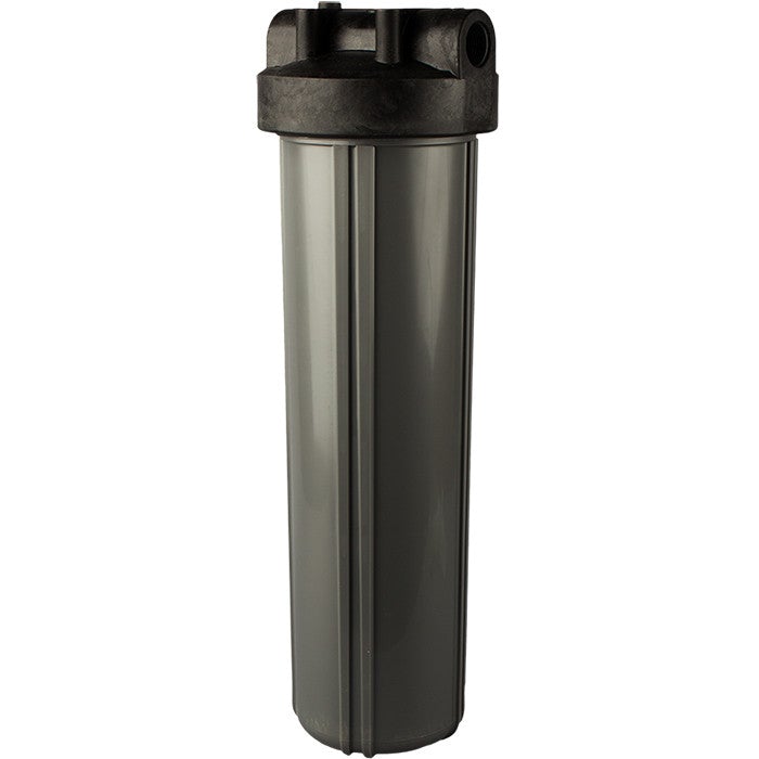 Pentair Filter Housing 4.5" x 20" with black cap and tall grey transparent body, single O-ring, and 3/4" FNPT connections for high-capacity 