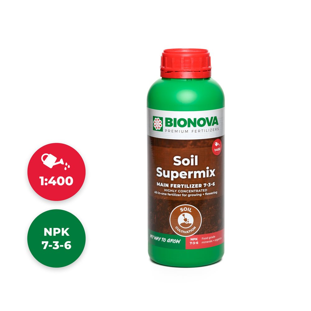 Bionova Soil Supermix NPK 7-3-6 soil fertilizer - 1 L bottle, front view