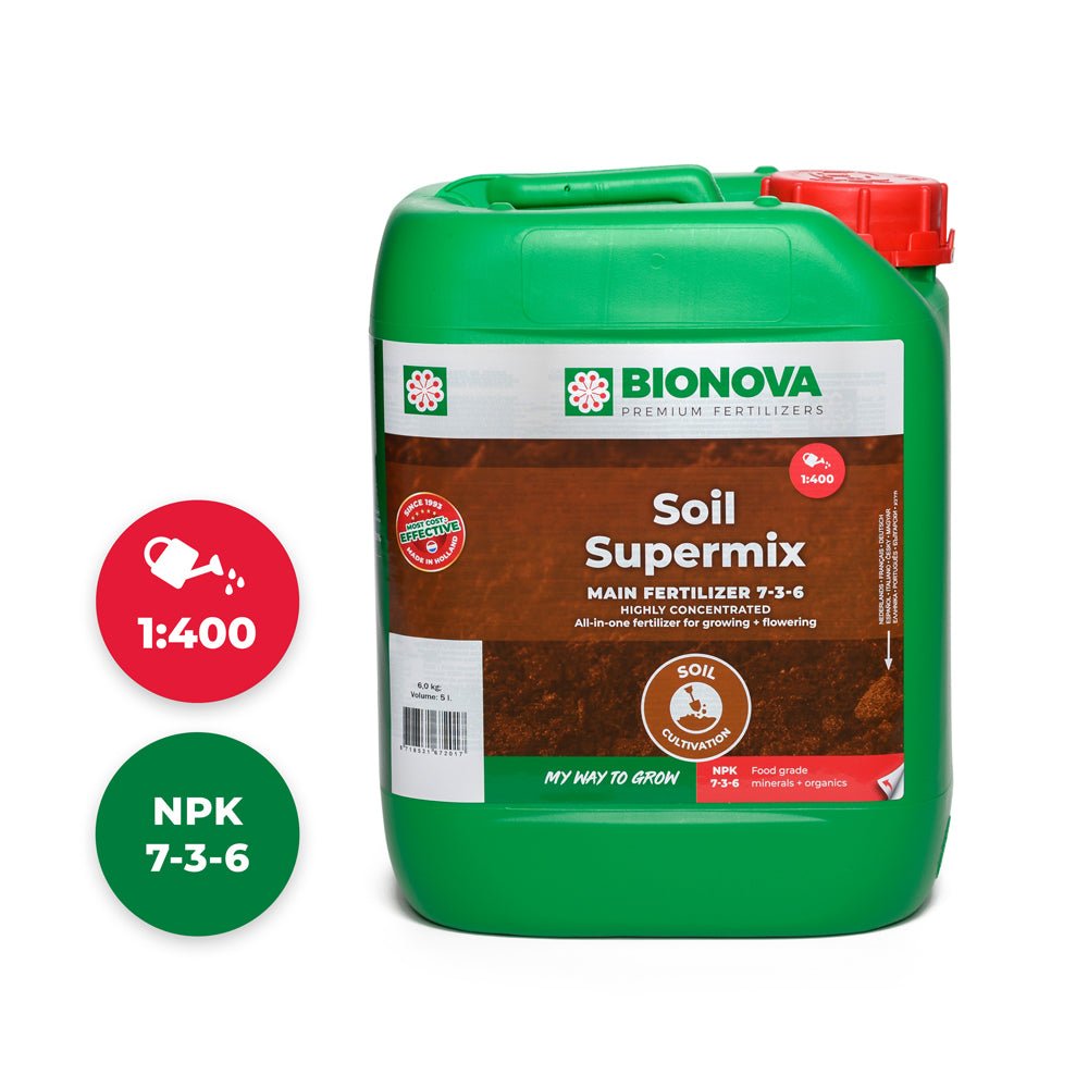 Bionova Soil Supermix NPK 7-3-6 soil fertilizer - 5 L jerrycan, front view