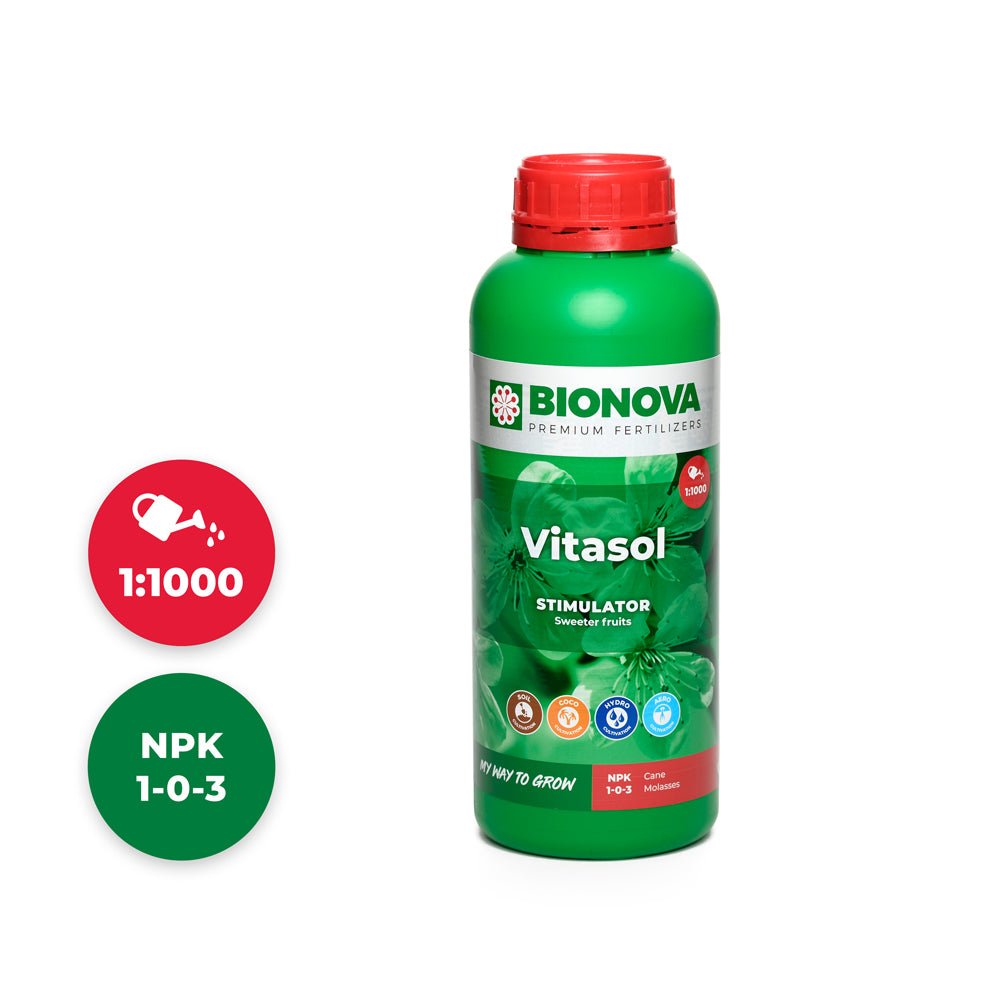 Bionova Vitasol cane molasses stimulator - 1 L bottle, front view