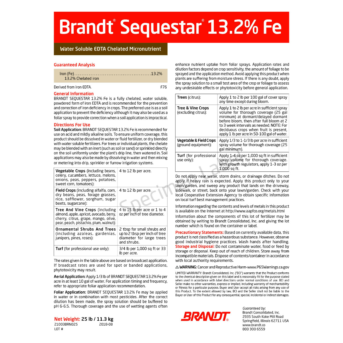 BRANDT Iron Chelate Sequestar 25LB 13.2% Fe EDTA