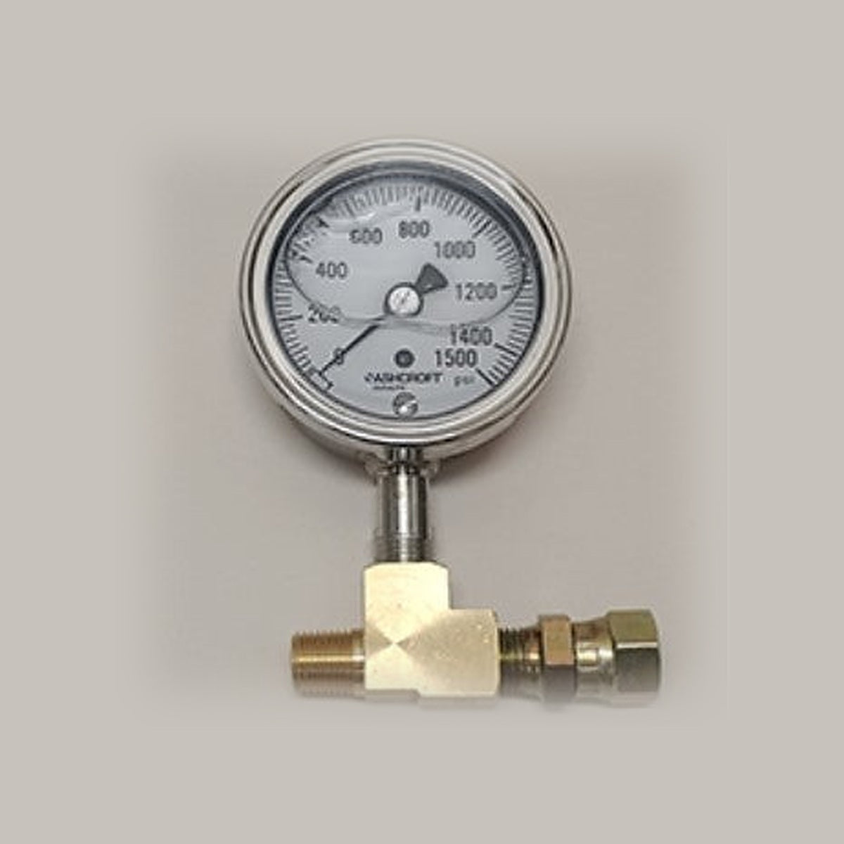 Dramm MSO pressure gauge kit with 0 to 1500 psi Ashcroft gauge on a brass tee